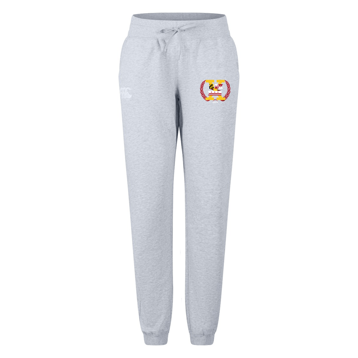 The Potomac Exiles Rugby Club Women's Leisure Sweatpant by EMB Canterbury features a light gray design with an elastic waistband, drawstring, and a small crest logo on the left thigh. Crafted from soft organic cotton, these sweatpants deliver exceptional comfort and style.