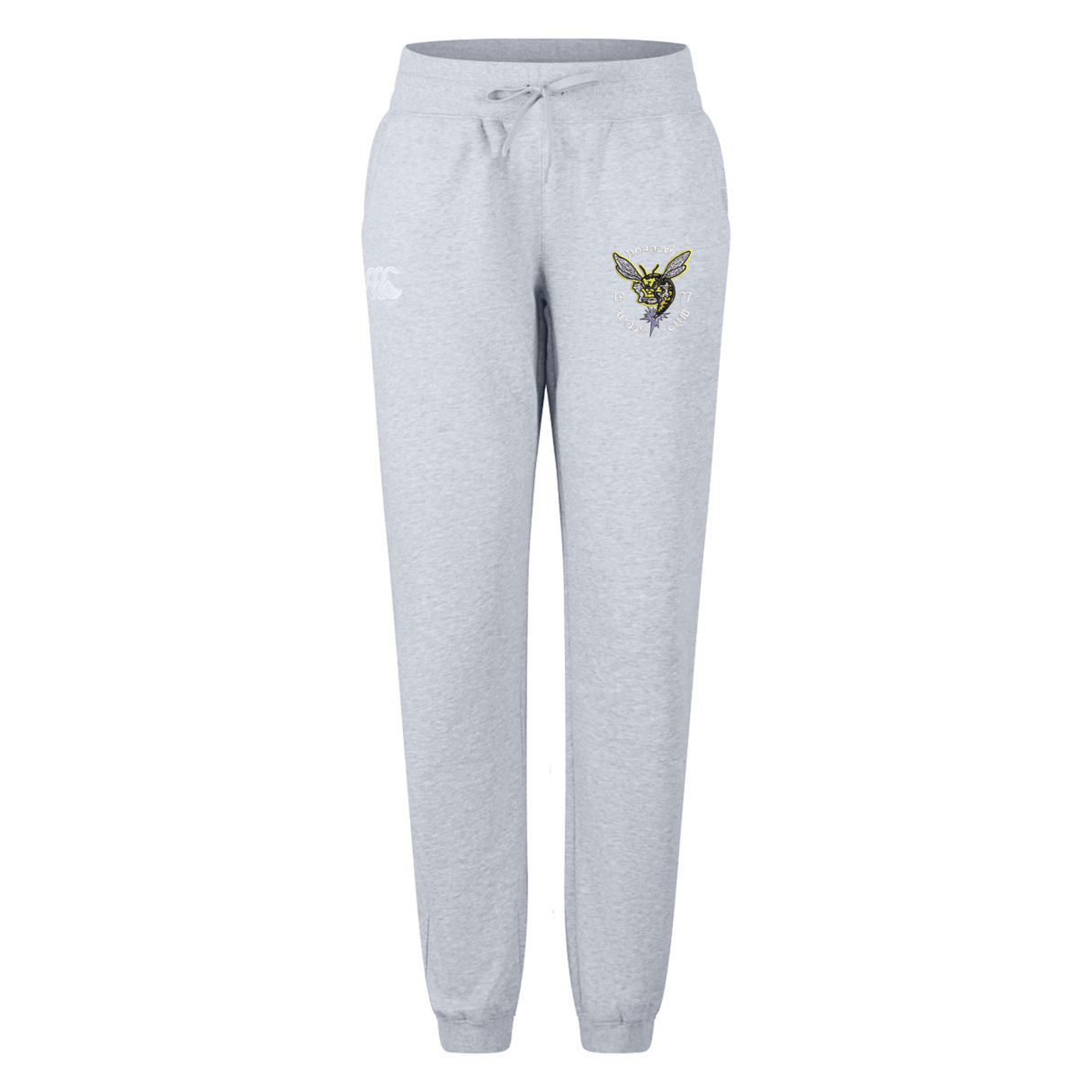 Introducing the Hornets Rugby Club 1977 Women's Leisure Sweatpant by EMB Canterbury: a light gray sweatpant featuring a bee graphic on the left thigh and a white text logo on the right hip. Designed with an elastic waistband and drawstring for adjustable comfort, these sweatpants are crafted from soft organic cotton by Canterbury for ultimate leisure style.