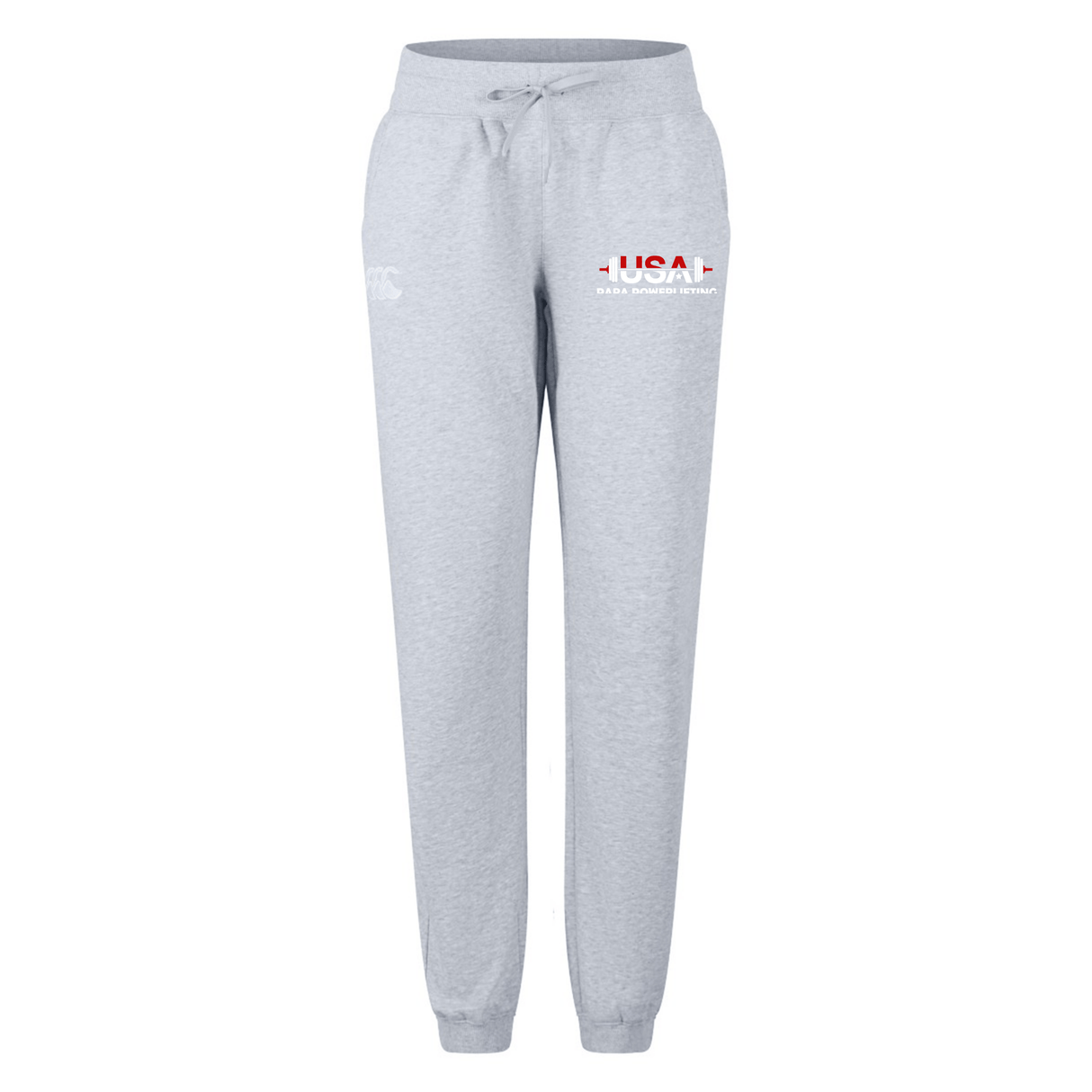 The EMB Canterbury USA Para Powerlifting Women's Leisure Sweatpant features a light gray color, drawstring waist, cuffed ankles, and "USA" text with logo on the left thigh—ideal for comfortable everyday style.