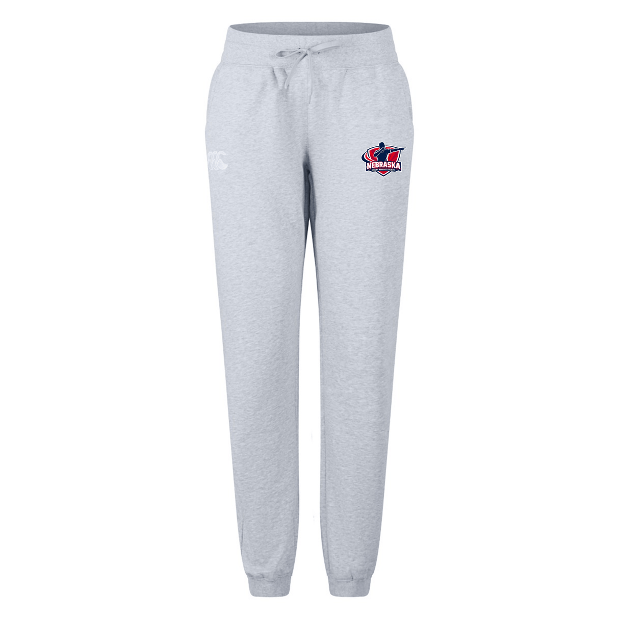 Light gray EMB Canterbury Nebraska Rugby Referee Society women's leisure sweatpants by Canterbury, with a drawstring waist, elastic cuffs, and the society logo on the left thigh. Perfect for relaxing in style.