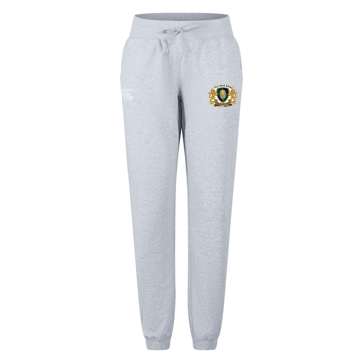 The Old Man Rivah Rugby Women's Leisure Sweatpant by EMB Canterbury features a light gray color, drawstring waist, crest emblem on the left thigh, and the classic Canterbury logo.