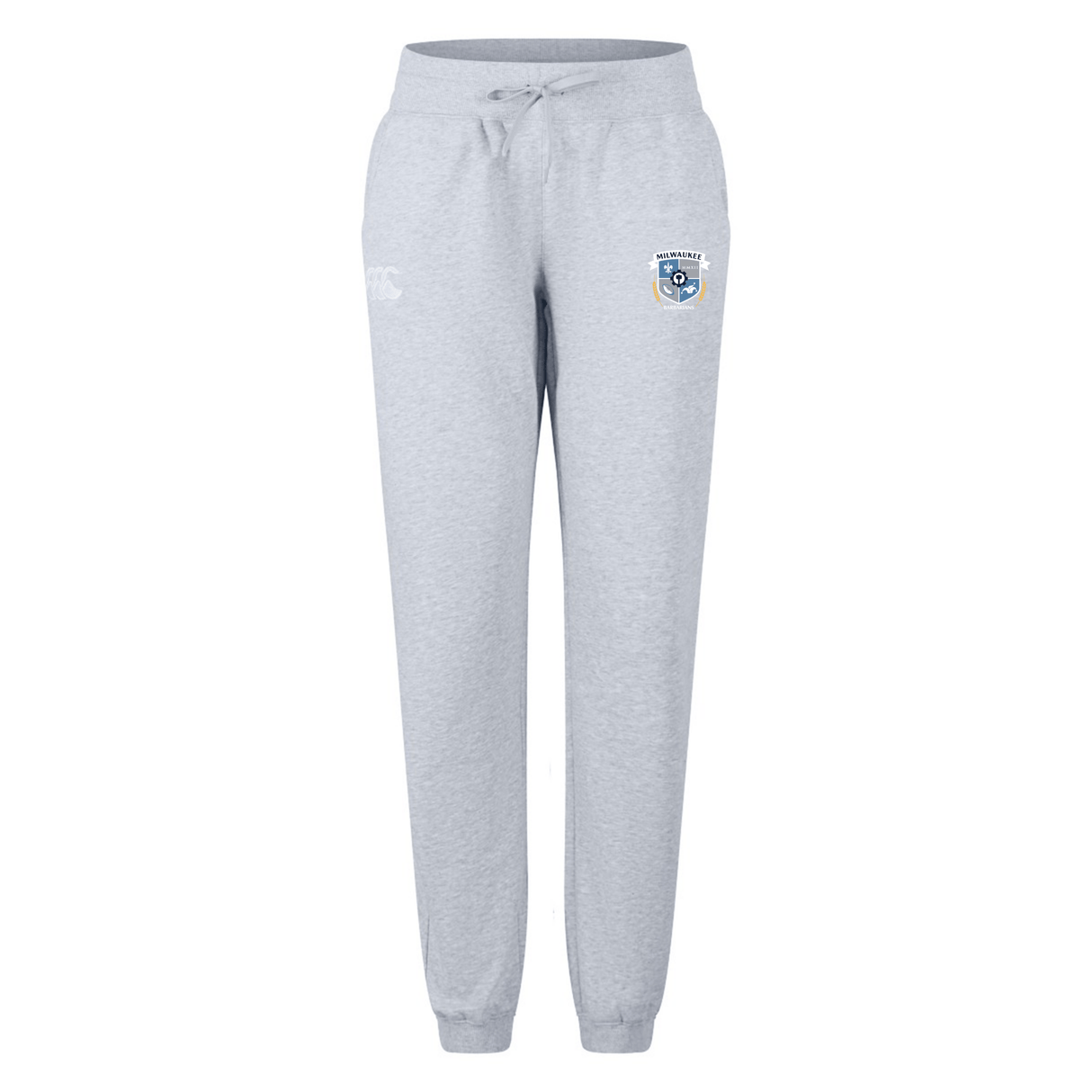 The Milwaukee Barbarians Rugby Women's Leisure Sweatpant by EMB Canterbury features a light gray color, elastic waistband with drawstring, cuffed ankles, and a small shield logo with text on the left thigh.