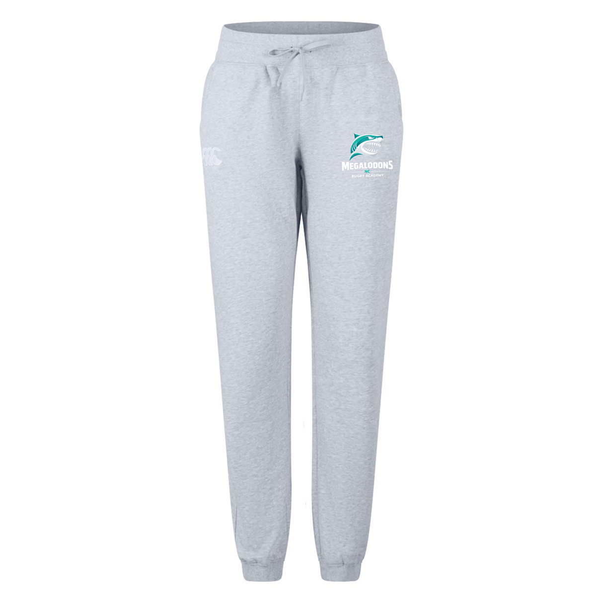The EMB Canterbury NC Rugby Academy - Megalodons Women's Leisure Sweatpant features light gray organic cotton, a drawstring waist, and a teal and white "Megalodons" logo on the upper left thigh.