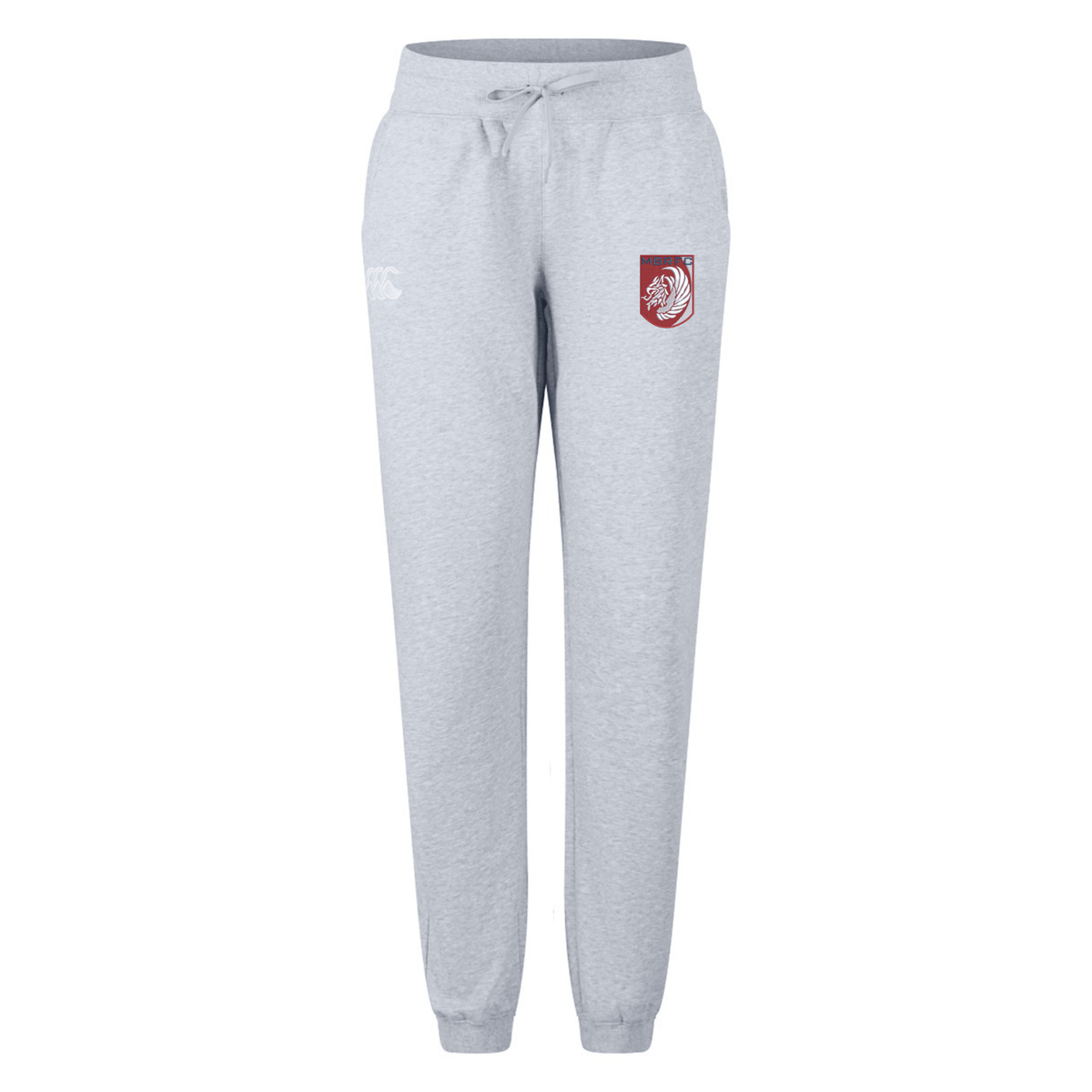 The Montgomery Bucks Griffins Women's Leisure Sweatpant by EMB Canterbury features a light gray design with a drawstring waist, elastic cuffs, and a small maroon graphic for comfortable, stylish everyday wear.