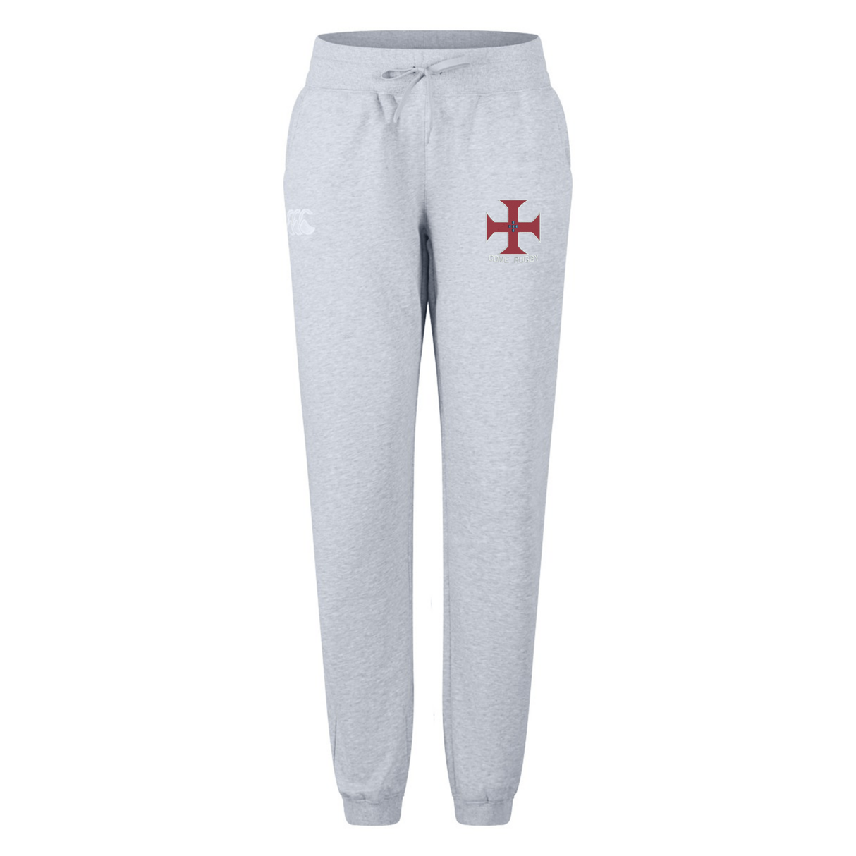 The SF CDME Rugby Women's Leisure Sweatpant by Canterbury from EMB Canterbury features a light gray design with an elastic waistband, drawstring, and a red cross emblem on the left thigh, offering women stylish comfort for everyday wear.