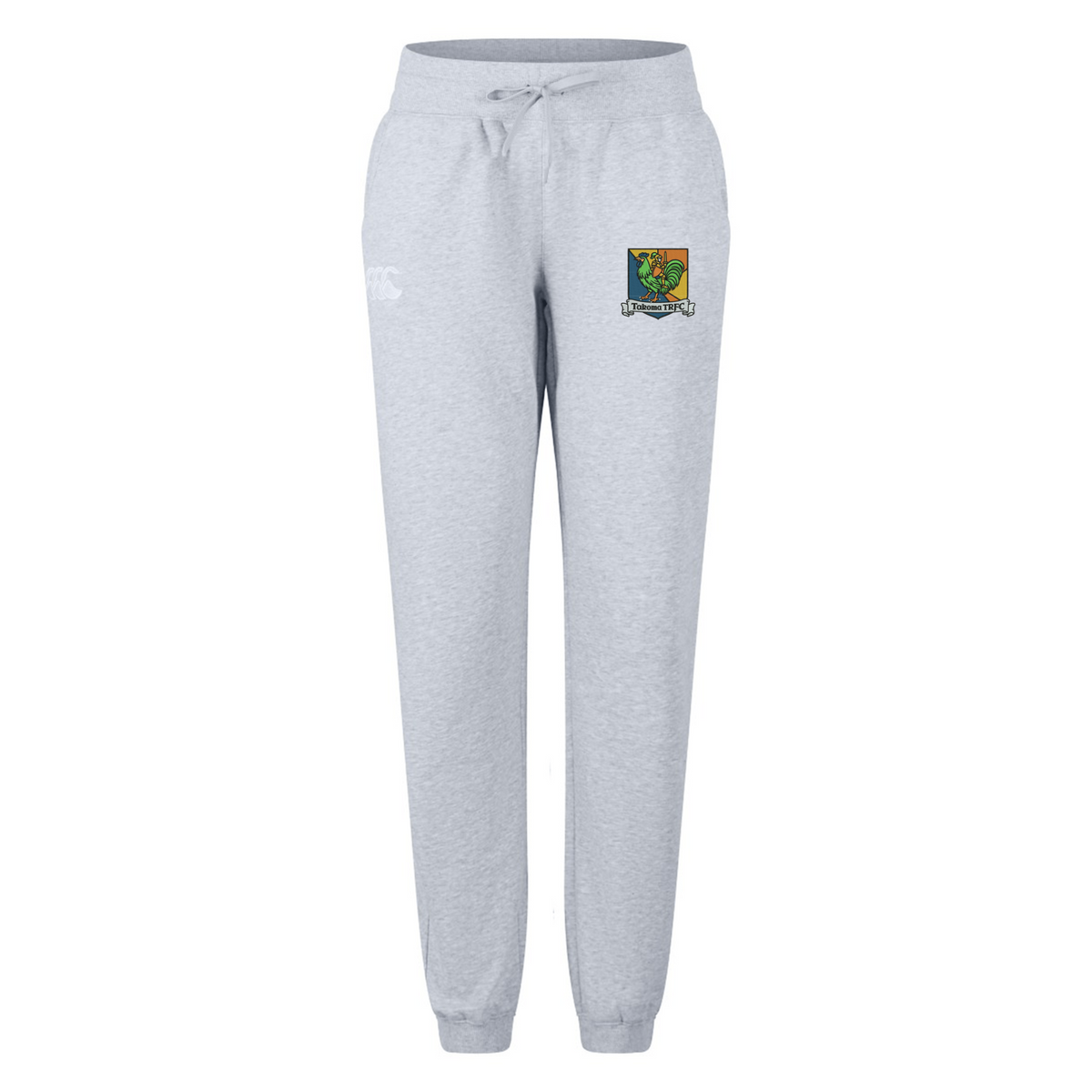 Light gray Takoma Touch Rugby Women’s Leisure Sweatpant by Canterbury in organic cotton with a drawstring waist, cuffed ankles, and a rugby club crest on the thigh.