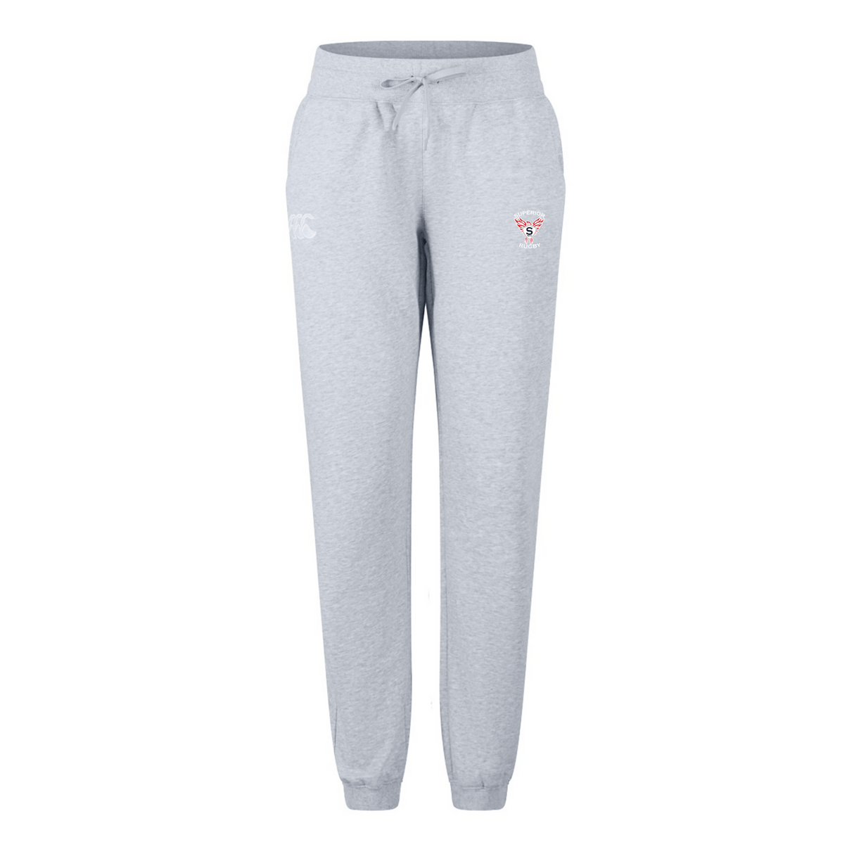 The Superior Rugby Club Women's Leisure Sweatpant by EMB Canterbury features light gray organic cotton, an elastic waistband with drawstring, and small embroidered logos on the upper thighs, shown against a white background.
