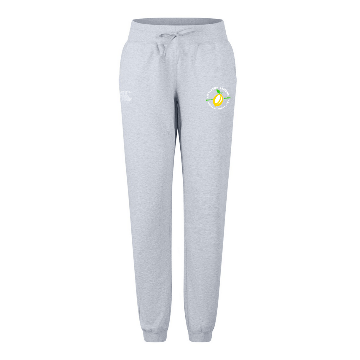 The Littleton Women Rugby Club Women's Leisure Sweatpant by EMB Canterbury features a light gray color, organic cotton, a drawstring waist, side pockets, and a small colorful avocado graphic on the left thigh.