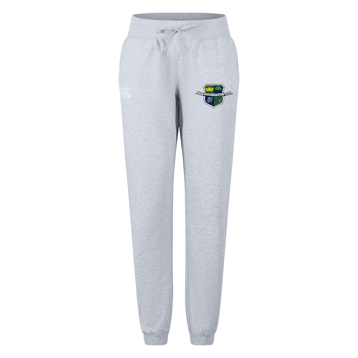 The Kingwood Rugby Women's Leisure Sweatpant by EMB Canterbury features a light grey color, drawstring waist, side pockets, and a colorful embroidered crest—ideal for casual comfort.
