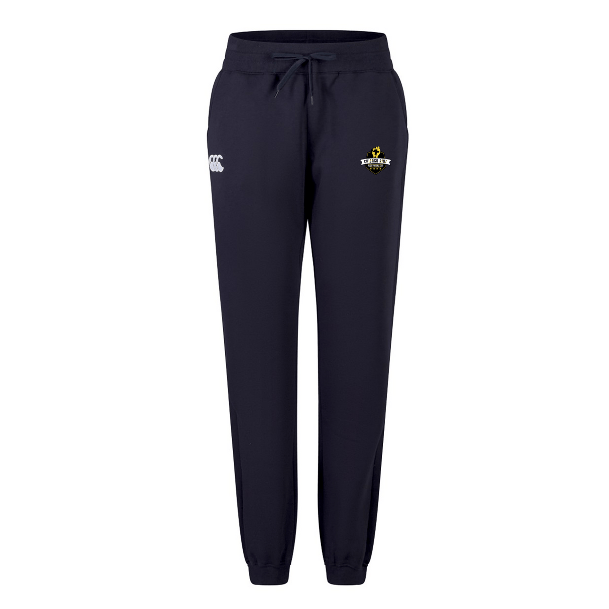 Chicago Riot Women's Leisure Sweatpant by EMB Canterbury in navy blue, featuring an elastic waistband, drawstring, and two embroidered front thigh logos; displayed against a white background.