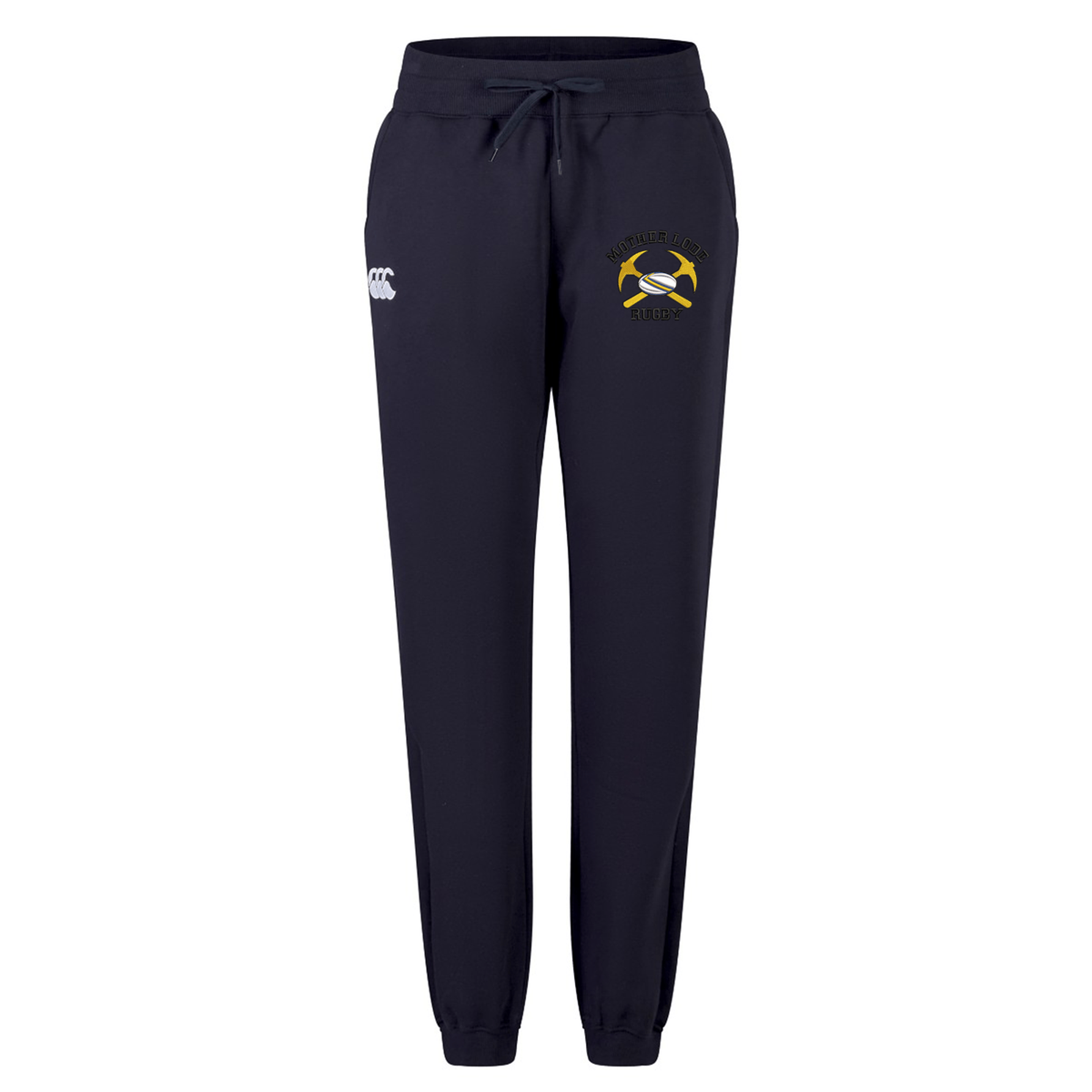 Black Mother Lode Women’s Leisure Sweatpant by Canterbury featuring a drawstring waist, cuffed ankles, a logo on the hip, and a rugby emblem on the thigh.