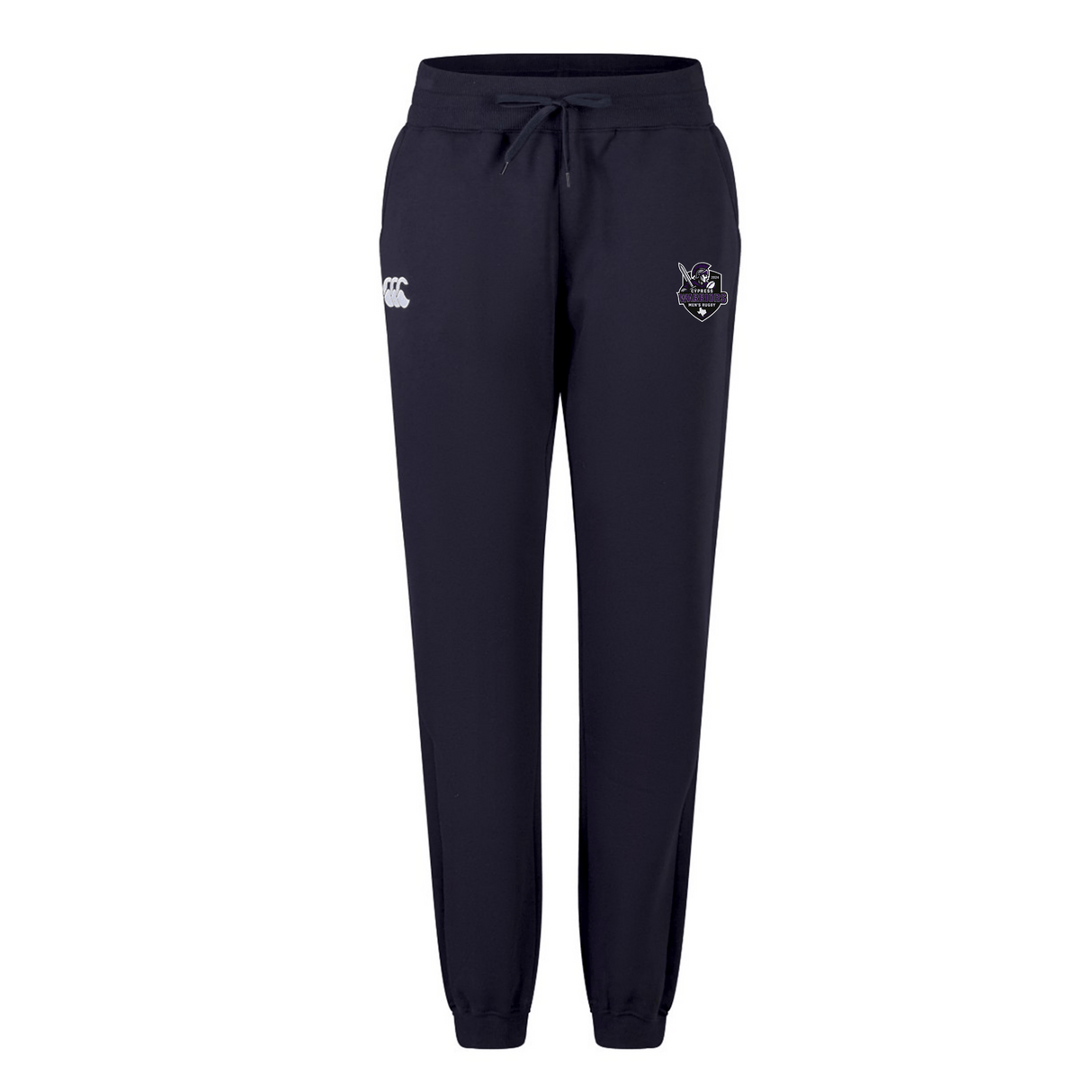 The Cypress Warriors Women's Leisure Sweatpant by EMB Canterbury features an adjustable drawstring waistband, white left-thigh logo, and embroidered right-thigh crest—stylish and comfortable for any occasion.