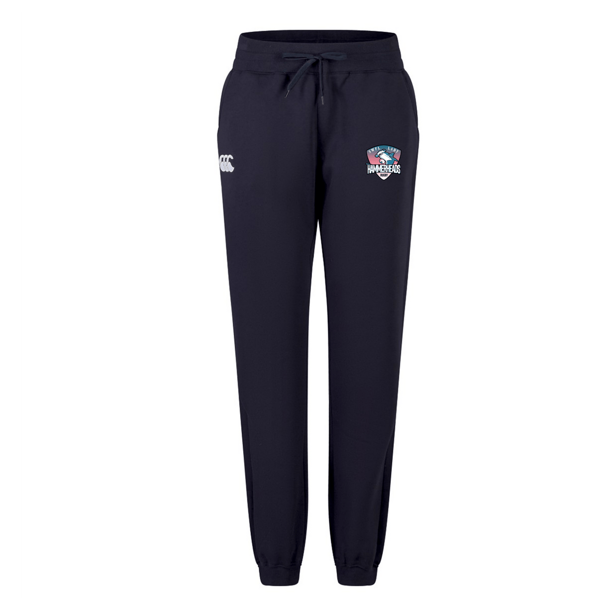 The SWFL Lady Hammerheads Women's Leisure Sweatpant by Canterbury from WRS Canterbury features navy blue fabric, an elastic waistband with drawstring, cuffed ankles, and dual thigh logos—ideal for casual comfort.
