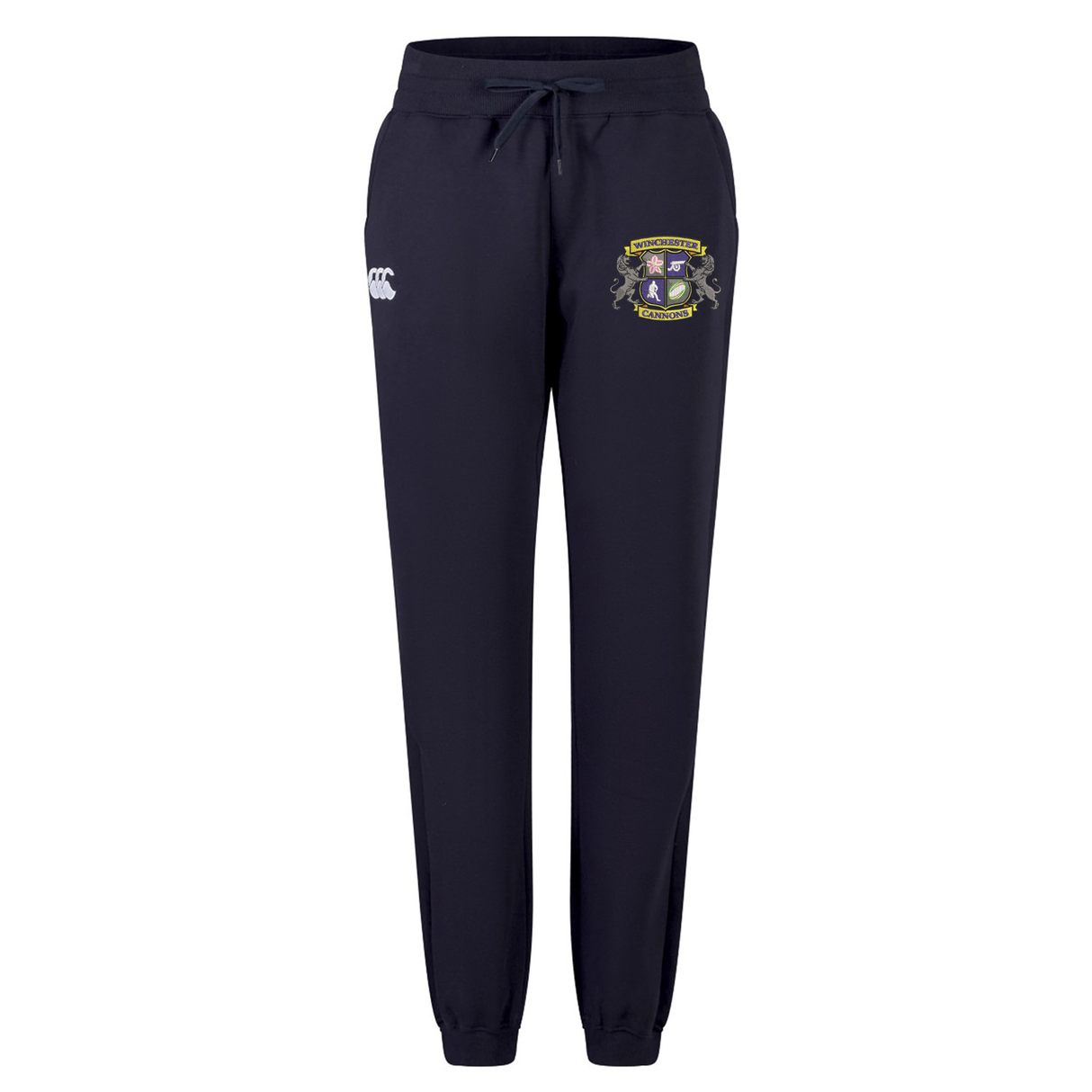 The Winchester Cannons Women's Leisure Sweatpant by EMB Canterbury features navy blue jogger styling in soft organic cotton, with an elastic waistband, drawstring, white logo left, and embroidered crest right—ideal for relaxed wear.