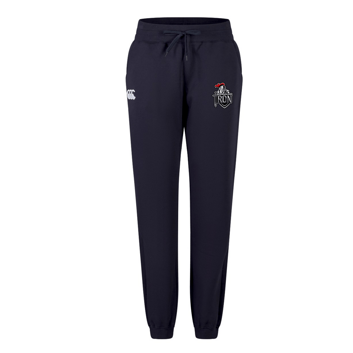 Birmingham Iron Women's Football Leisure Sweatpant by EMB Canterbury in navy blue, featuring a drawstring waist, dual thigh logos, and cuffed ankles, shown on a plain white background.