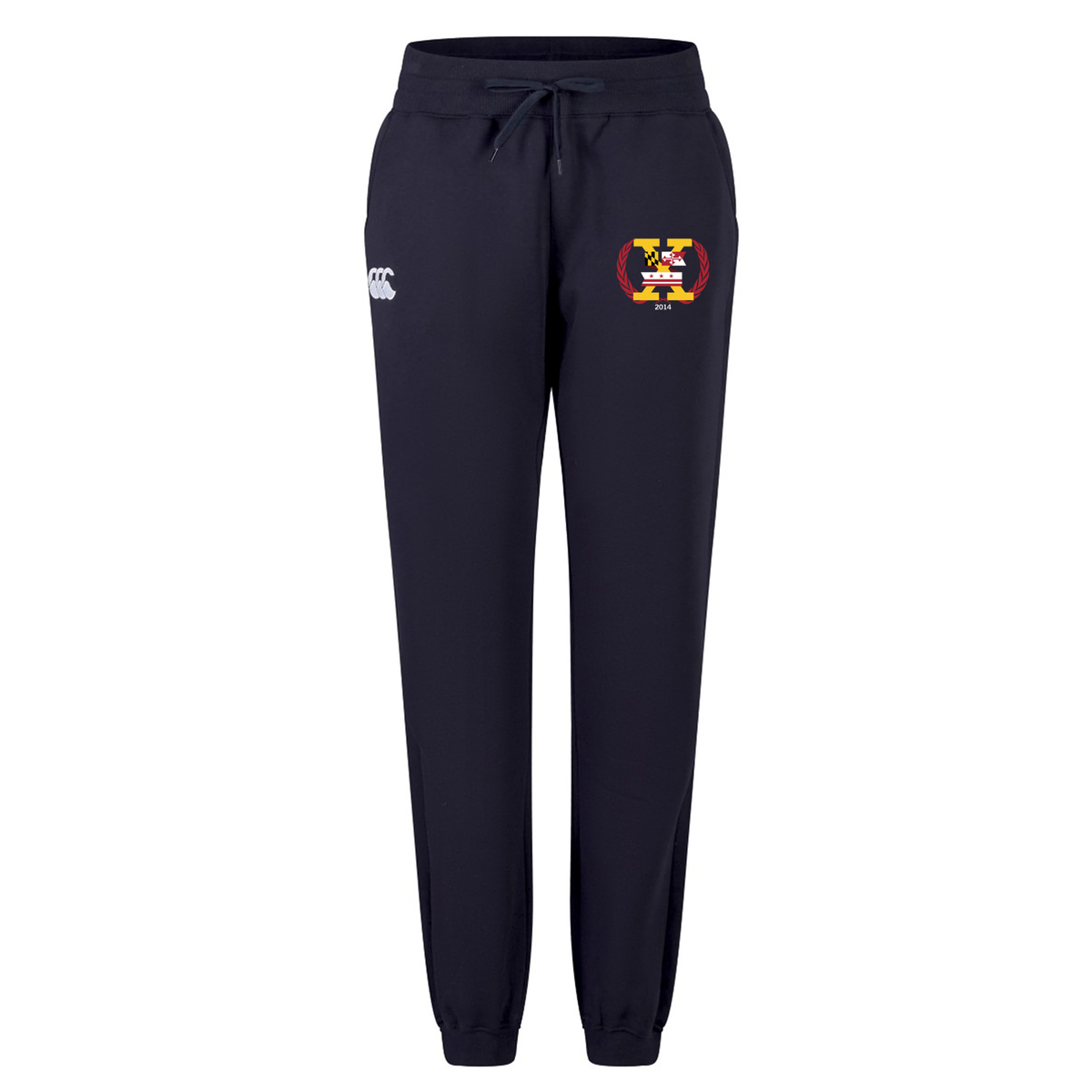 The Potomac Exiles Rugby Club Women's Leisure Sweatpant by EMB Canterbury is made from organic cotton sweatpants material in navy blue, featuring a drawstring waist, cuffed ankles, a white Canterbury brand logo on the right side, and a colorful crest emblem on the left hip for a classic Canterbury look.