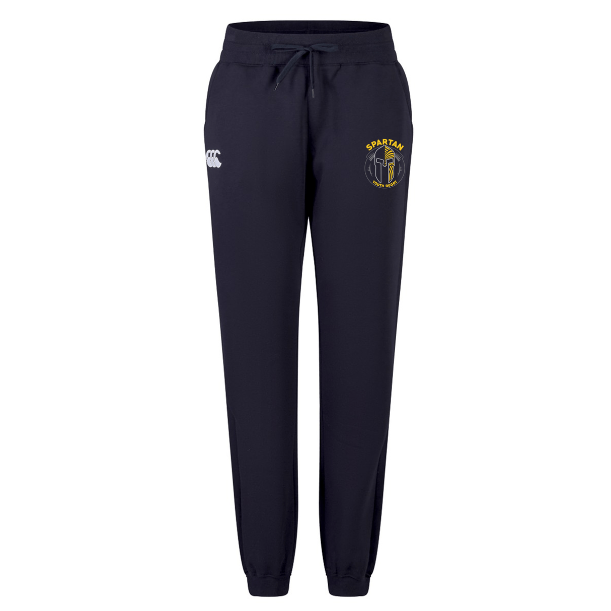 The Spartan Youth Rugby Women's Leisure Sweatpant by EMB Canterbury features navy blue fabric, an elastic waistband with drawstring, a white Canterbury logo on the right thigh, and a yellow and blue emblem on the left thigh—ideal for leisure.