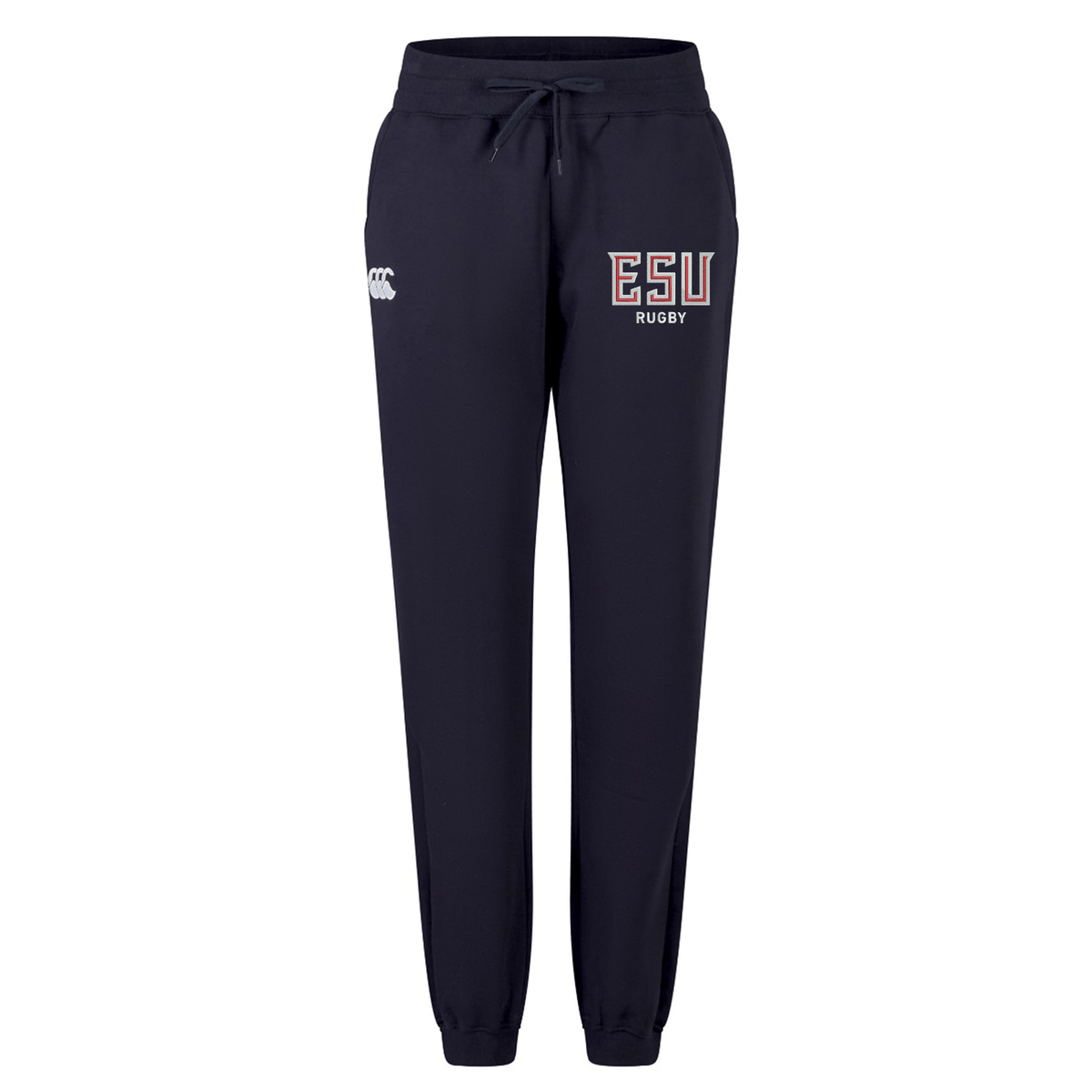 Stay comfortable in the EMB Canterbury East Stroudsburg University Women's Leisure Sweatpant, featuring a navy blue design, drawstring waist, “ESU Rugby” text on the left thigh, and a white logo on the right thigh. Inspired by classic Canterbury rugby pants.