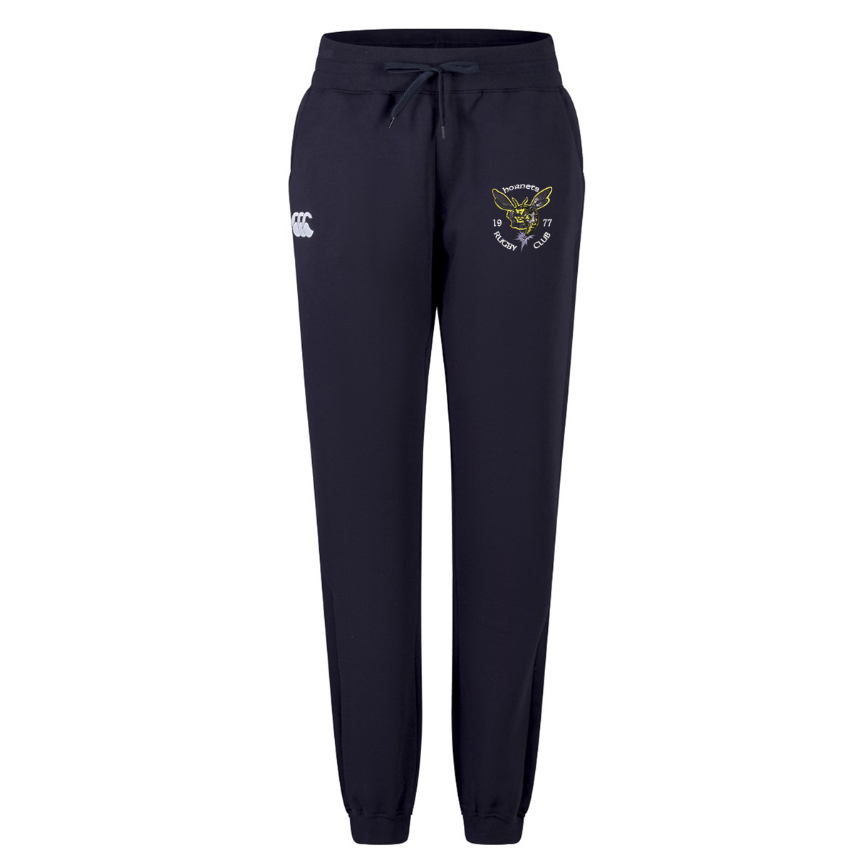 The Hornets Rugby Club 1977 Women's Leisure Sweatpant by EMB Canterbury is crafted from soft organic cotton sweatpants material, featuring a navy blue color with a drawstring waist, elastic cuffs, a white Canterbury logo on the left thigh, and an embroidered crest with a fox and text on the right thigh, displayed on a white background.