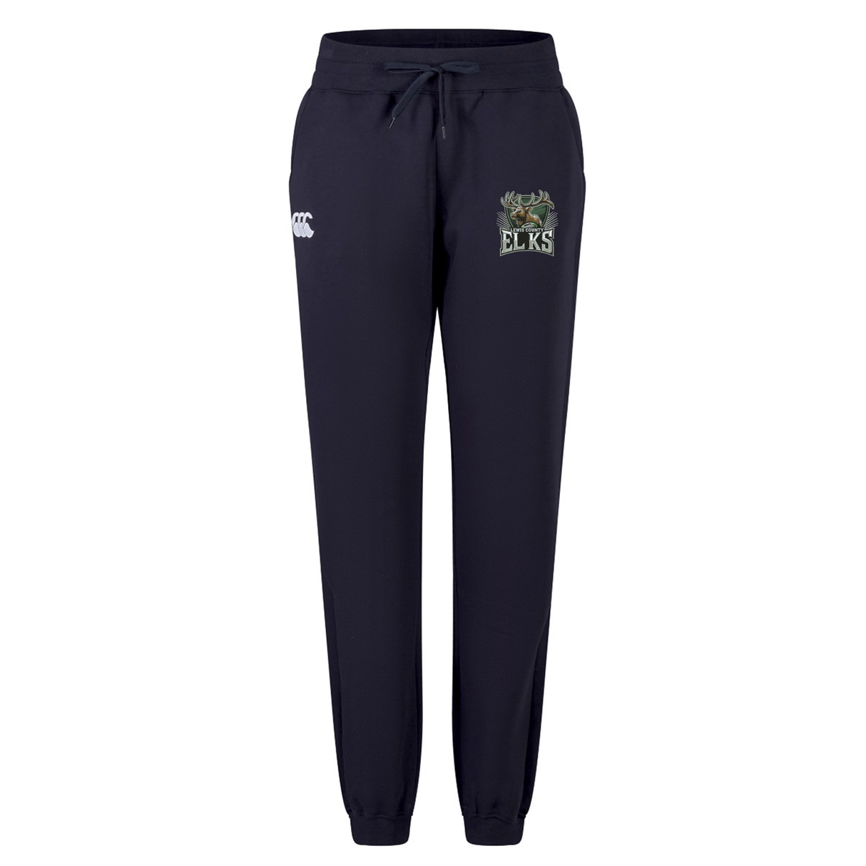 Introducing the Lewis County Elks Women’s Leisure Sweatpant by Canterbury from EMB Canterbury – a navy blue women’s sweatpant featuring a drawstring waist, elastic cuffs, and distinctive embroidered Canterbury logos on the left hip and right thigh. Expertly crafted from premium organic cotton for exceptional comfort and everyday style.