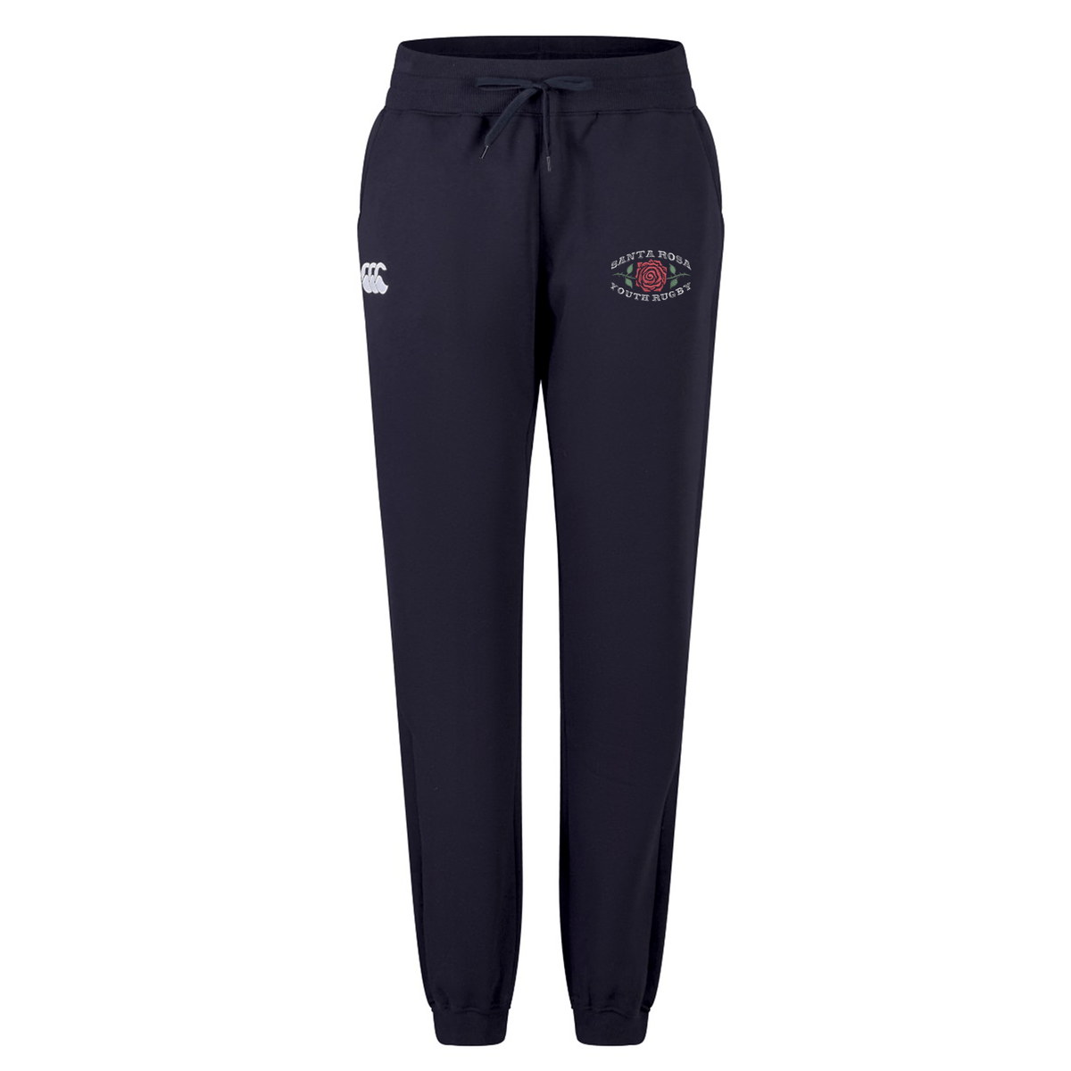 The Santa Rosa Youth Rugby Women’s Leisure Sweatpant by EMB Canterbury features a navy blue design with elastic cuffs, a drawstring waistband, and two embroidered logos on the front upper thighs. Crafted for comfort, these sweatpants are perfect for everyday wear.