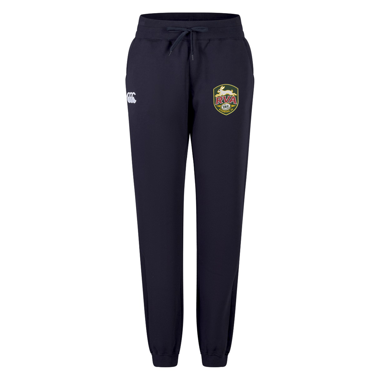 The RVA T.R.C. Women’s Leisure Sweatpant by EMB Canterbury features navy blue organic cotton fabric, an elastic waistband with drawstring, ribbed cuffs, a white Canterbury logo on the left leg, and a colorful badge on the right thigh—making it perfect for women’s leisurewear.