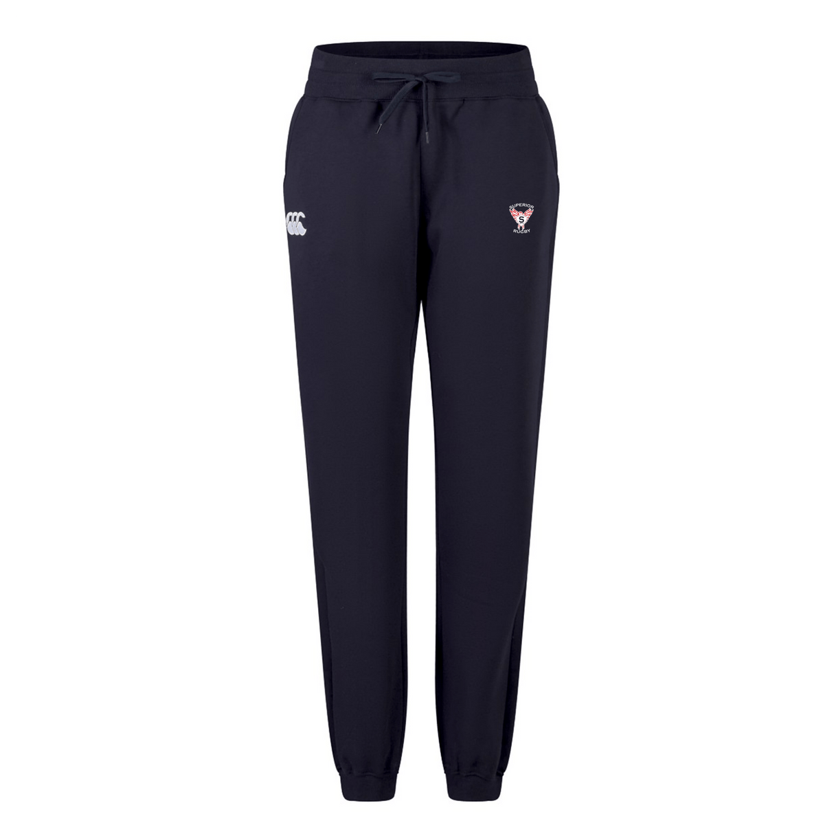 The EMB Canterbury Superior Rugby Club Women's Leisure Sweatpant features navy blue fabric, elastic cuffs, a drawstring waistband, and two front embroidered logos, inspired by classic Canterbury rugby pants.