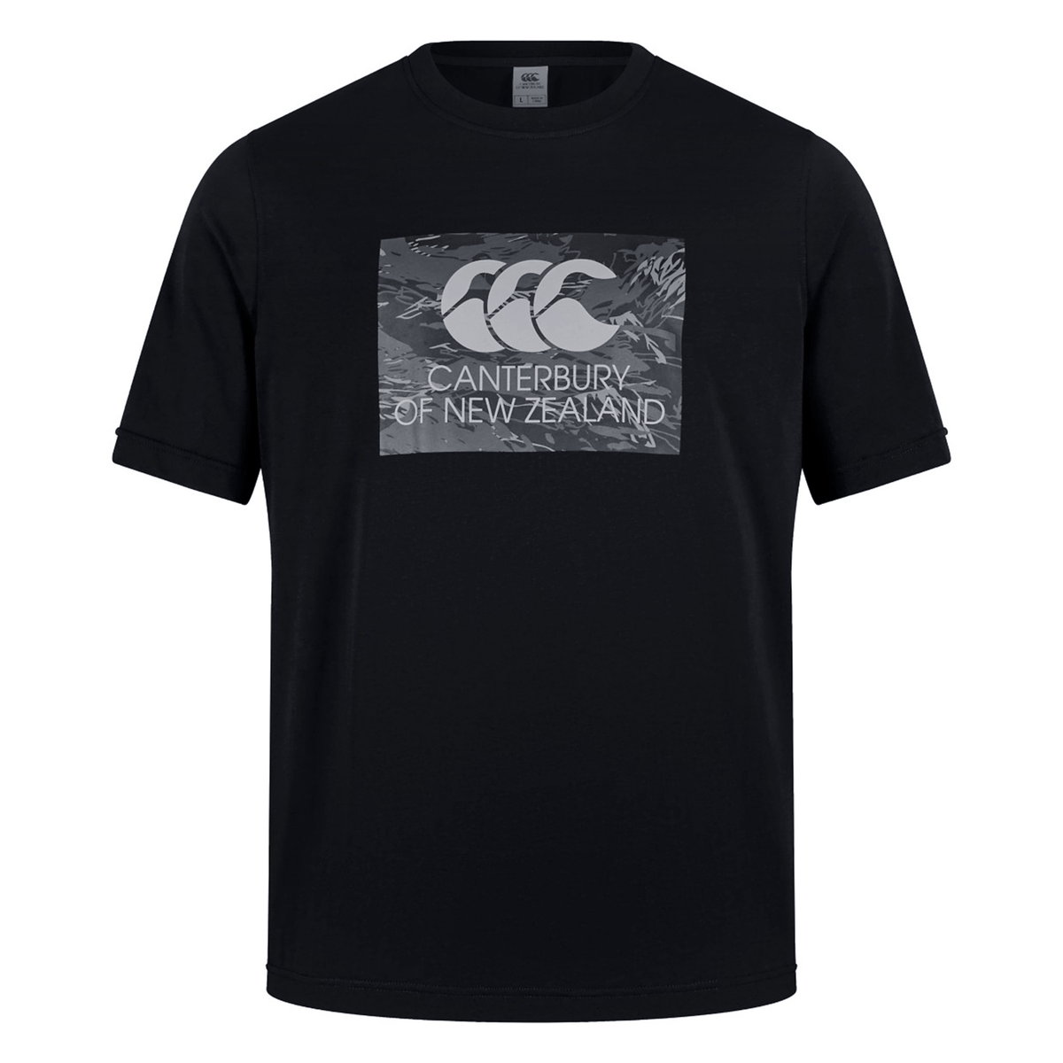The Canterbury Force T-Shirt from Canterbury is a relaxed fit black tee with a gray graphic and brand logo on the front, ideal for versatile casual wear.