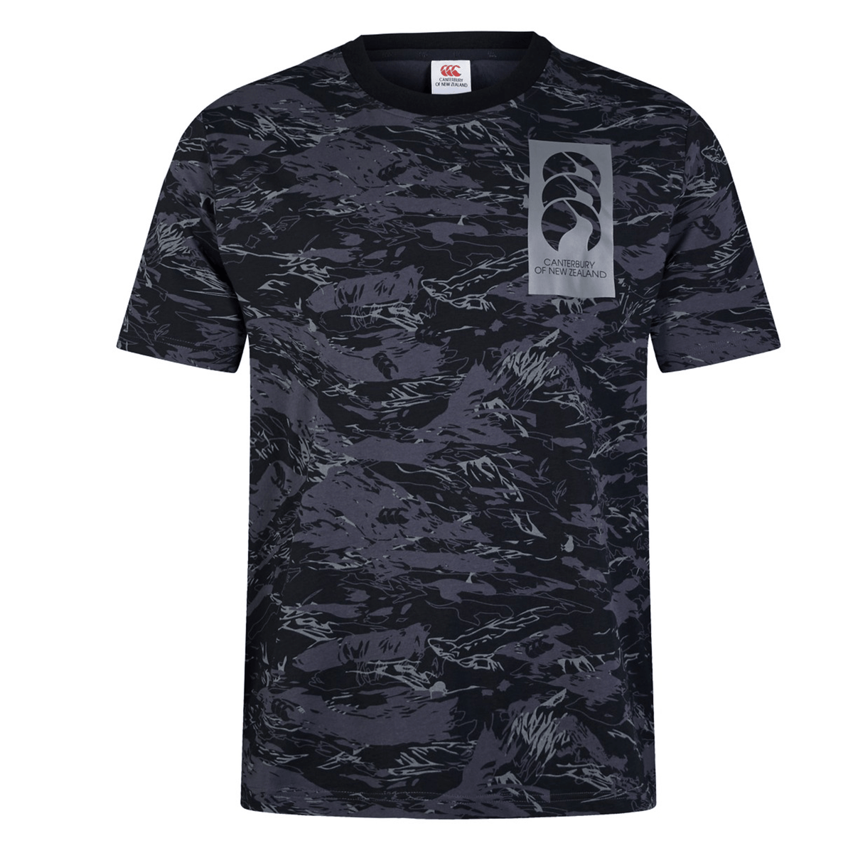 The Canterbury Force AOP T-Shirt is a modern crew neck tee featuring a striking navy camo print and the iconic Canterbury of New Zealand logo on the chest.