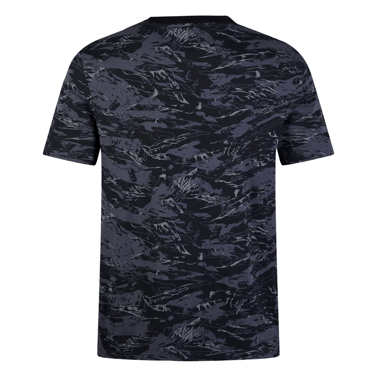 The back view of the Canterbury Force AOP T-Shirt by Canterbury highlights its black and dark gray abstract pattern with a modern crew neck design.