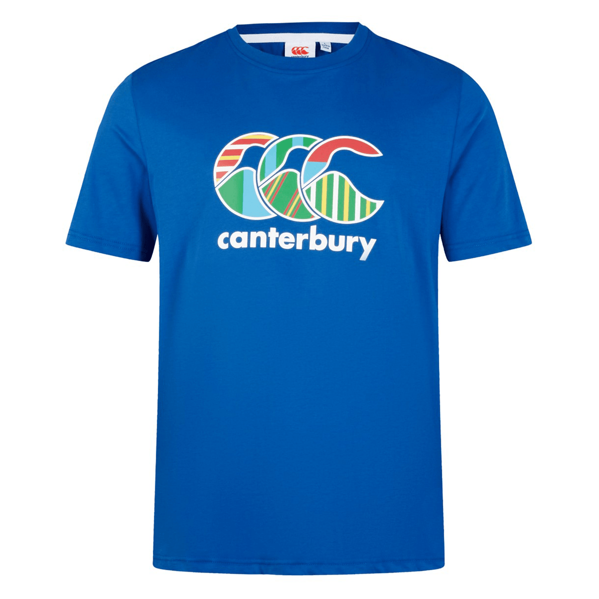 The Canterbury Uglies T-Shirt by Canterbury showcases a blue design with a colorful CCC logo and white "canterbury" text on the front, crafted from premium cotton for superior comfort.