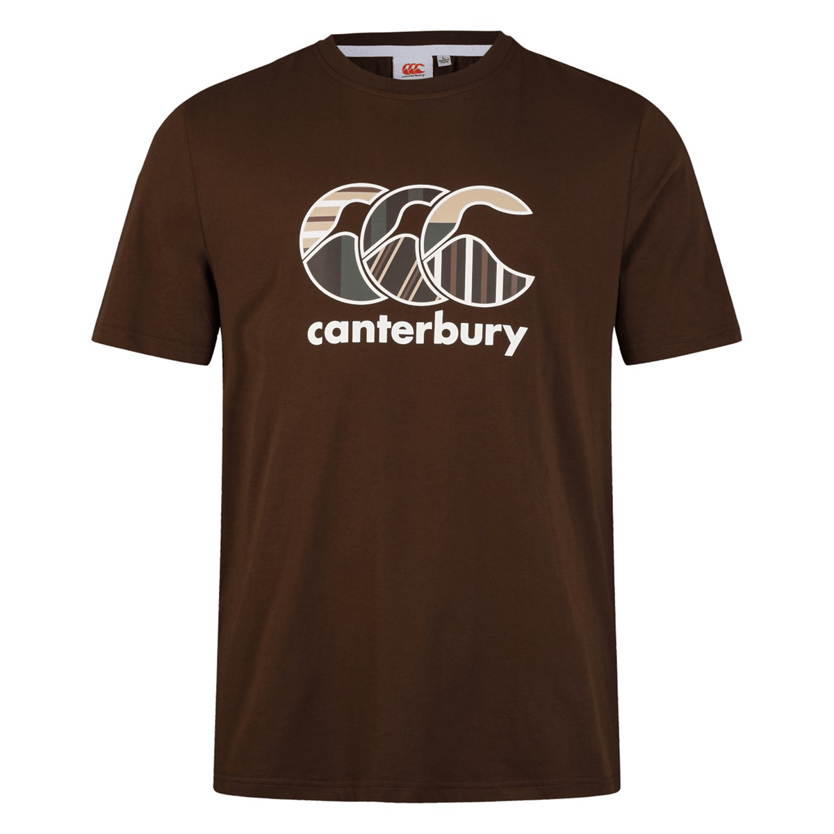 The brown Canterbury Uglies T-Shirt displays a striped logo with overlapping C's above "Canterbury." Crafted from premium cotton, this tee combines comfort with style.