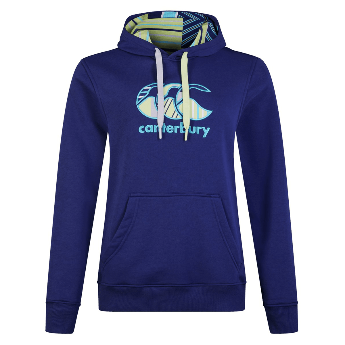 The Canterbury Women's Uglies Hoodie in blue, sporting a kangaroo pocket and the iconic "Canterbury" logo on the front.