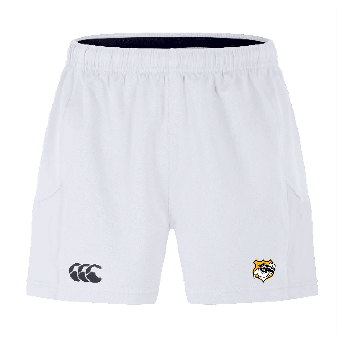 The Seattle Vikings Rugby Advantage Short 2.0 by EMB Canterbury are white sports shorts that showcase the Canterbury logo on the left leg and a yellow and black rugby emblem featuring a handshake on the right leg. Engineered for peak performance, they incorporate recycled materials to promote sustainability while maintaining top-notch quality.