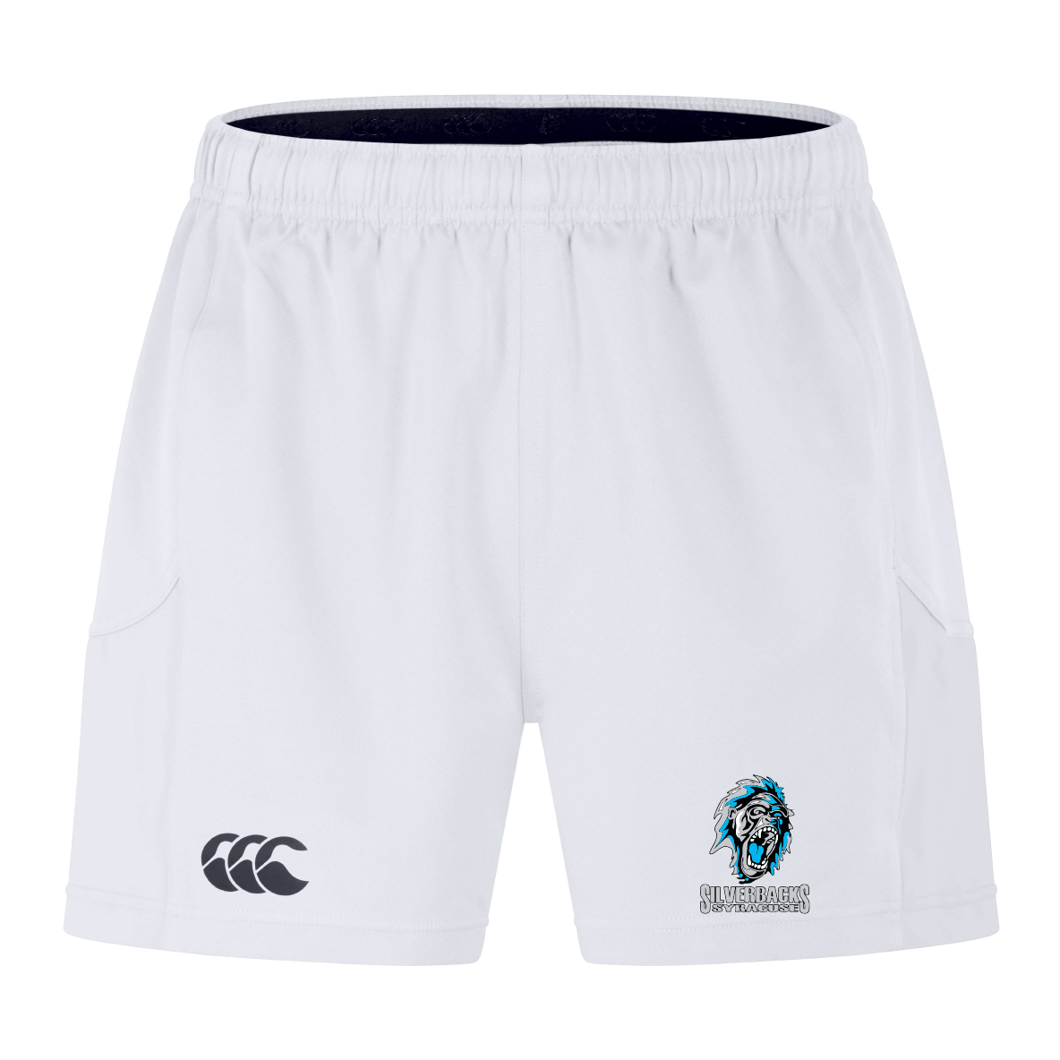 The Syracuse Silverbacks Advantage Short 2.0 by EMB Canterbury showcases a blue lion emblem on the right leg and a black logo on the left, designed with recycled content to boost performance and sustainability.