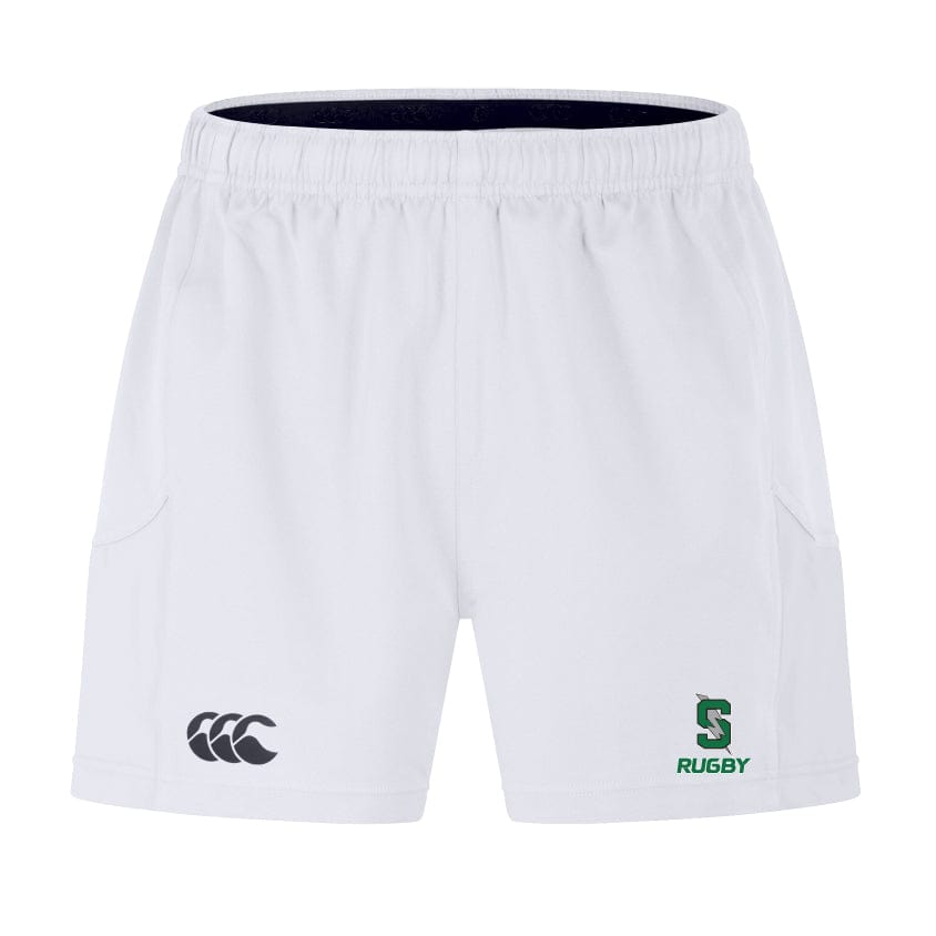 Introducing the Summit Rugby Advantage Short 2.0 by Canterbury, a pair of white rugby shorts featuring logos on both legs, crafted with recycled content for unmatched performance and sustainability. Available from EMB Canterbury.