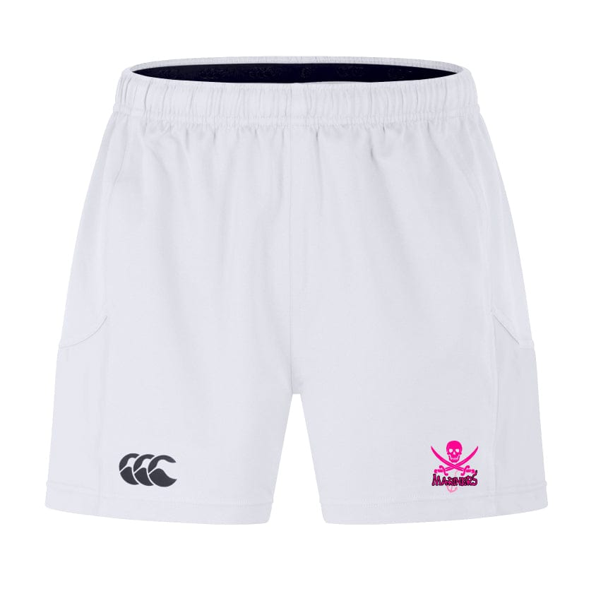 The SUNY Maritime Advantage Short 2.0 by EMB Canterbury showcases white shorts adorned with a black Canterbury logo on the left leg and a pink skull and crossbones accompanied by the word "Magenta" on the right leg. Made with recycled materials, these shorts are an excellent choice for sustainable sportswear enthusiasts.