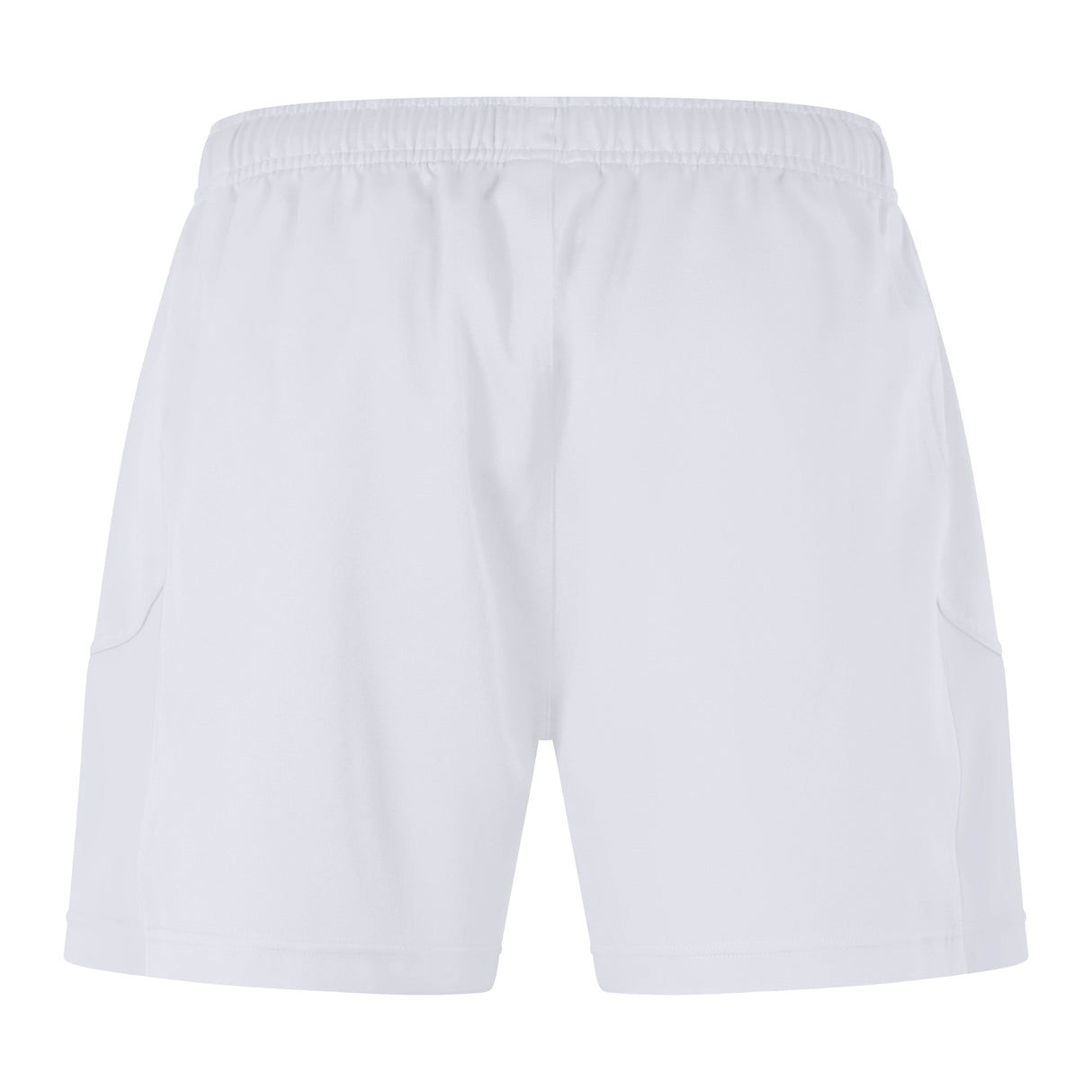 Back view of the Canterbury Advantage Short 2.0, featuring white athletic shorts with an elastic waistband, side pockets, and performance sustainability using recycled content.