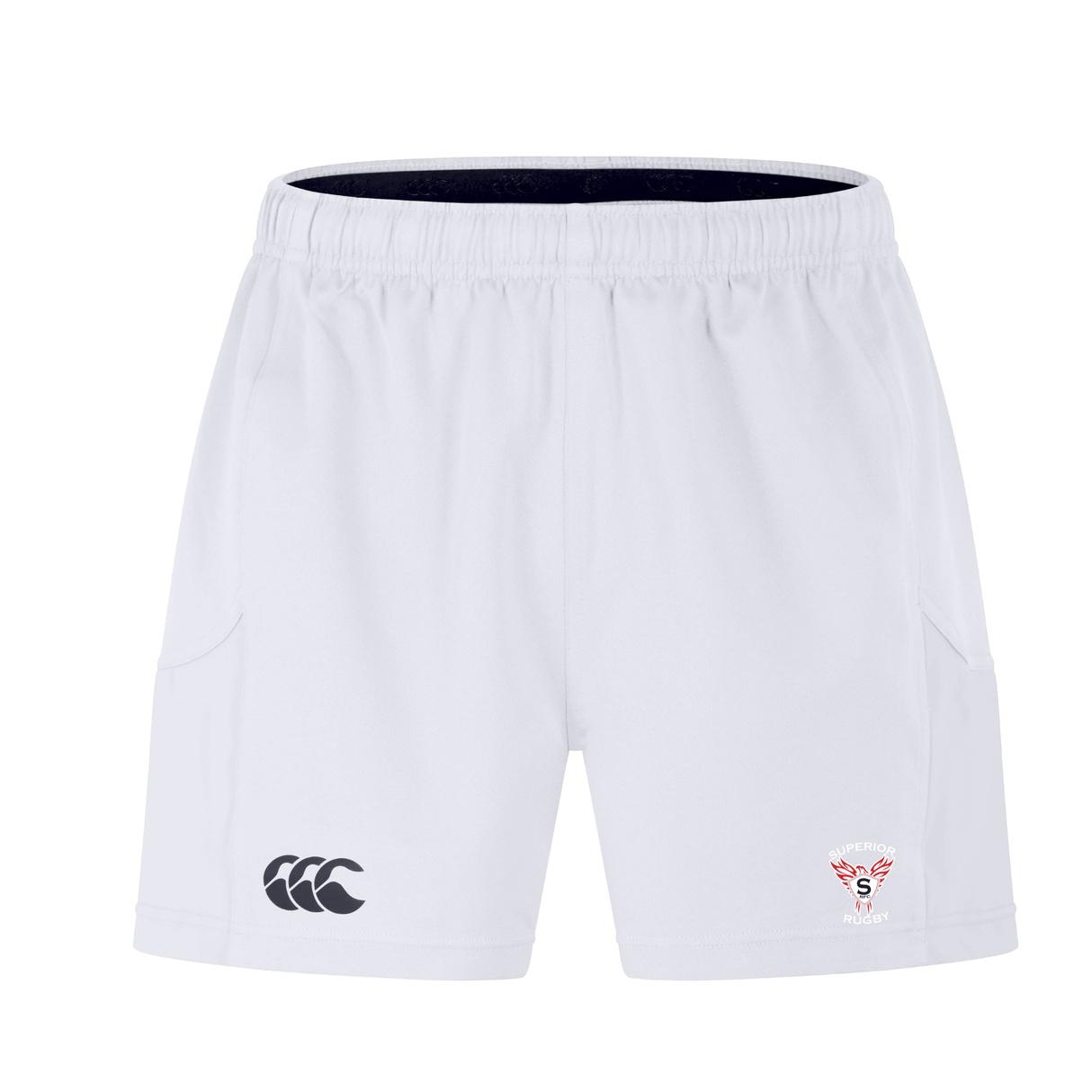 The EMB Canterbury Superior Rugby Club Advantage Short 2.0 features an elastic waistband, side pockets, a black logo on the left leg, and a red-and-black emblem on the right—crafted with recycled content for eco-friendly style.
