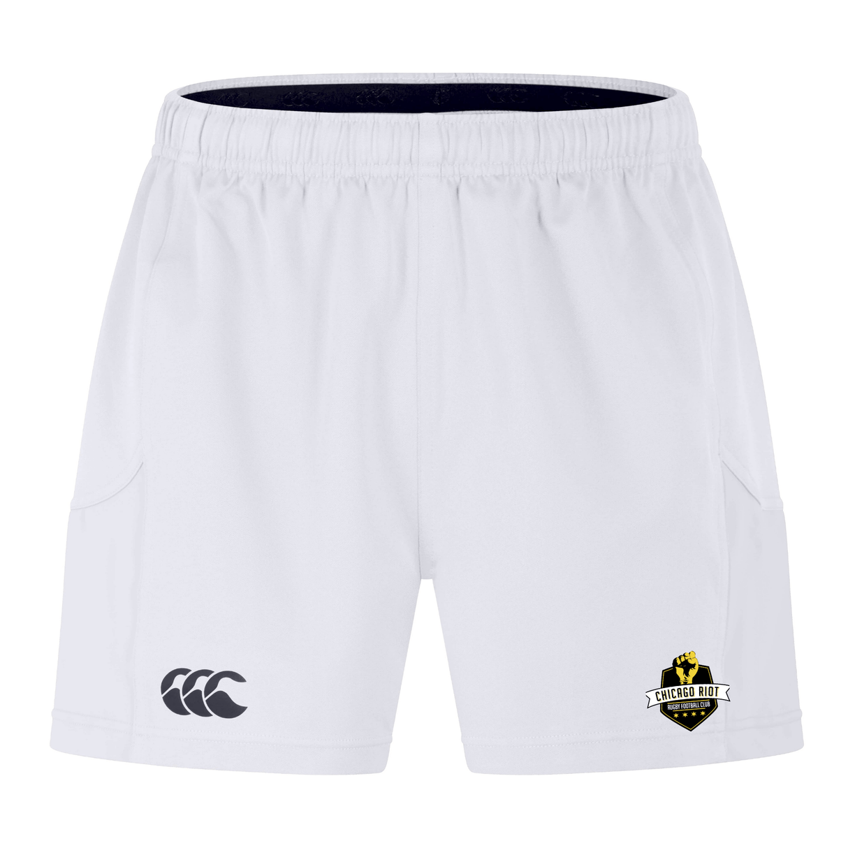 The EMB Canterbury Chicago Riot Advantage Short 2.0 features an elastic waistband, the Canterbury logo on the left leg, and the Chicago Riot crest on the right leg.