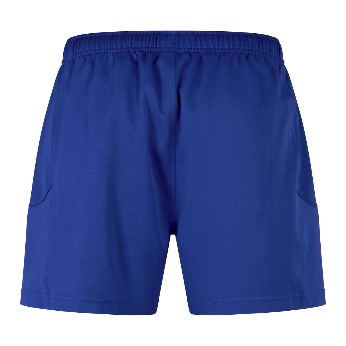 The Canterbury Advantage Short 2.0: a pair of blue athletic shorts featuring an elastic waistband and side pockets, crafted from recycled materials for outstanding performance and sustainability, showcased on a plain white background.