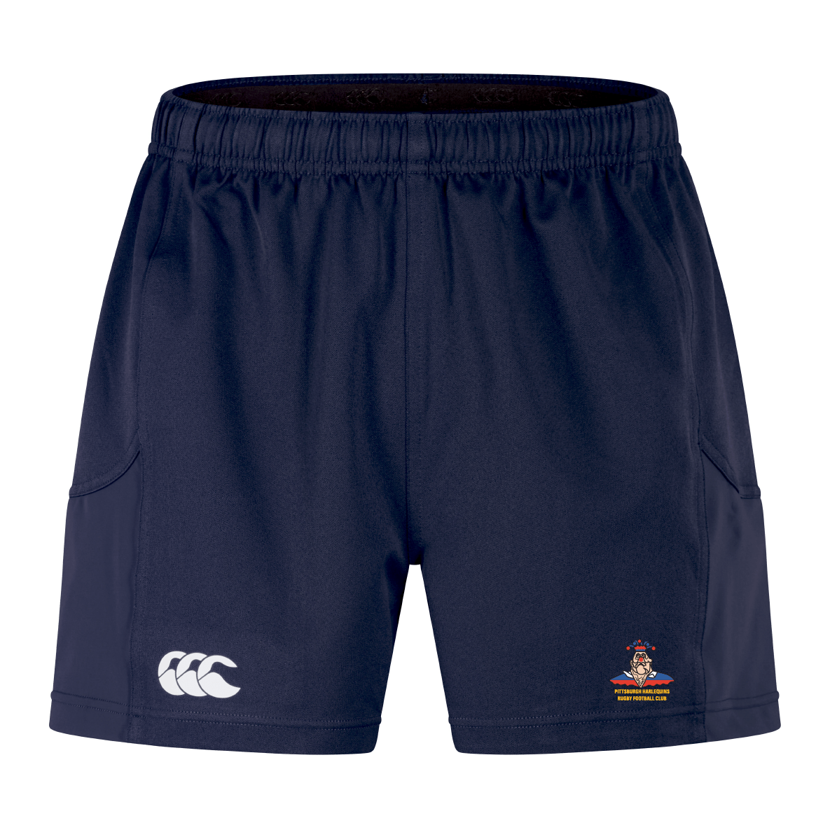 The Pittsburgh Harlequins Rugby Advantage Short 2.0 by EMB Canterbury in navy blue showcases a logo on the left and a club emblem on the right, crafted with recycled materials for an eco-friendly option.