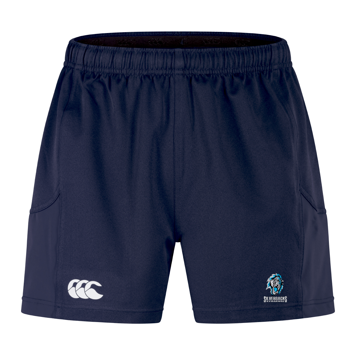 The Syracuse Silverbacks Advantage Short 2.0 by EMB Canterbury sports shorts are in dark blue and feature two logos on the front: a white one on the left and a colorful one on the right, designed for peak performance.