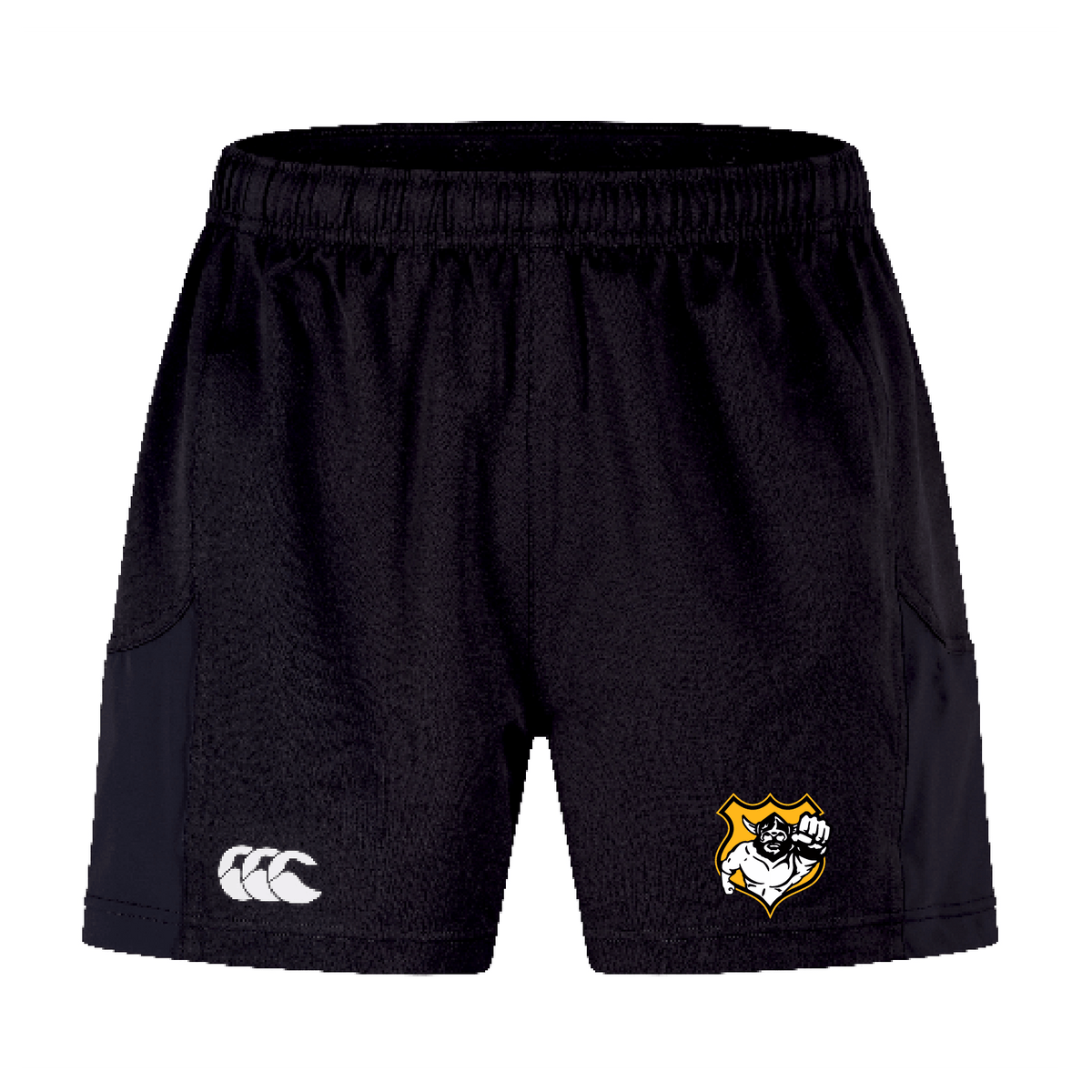 The Seattle Vikings Rugby Advantage Short 2.0 by EMB Canterbury is designed for ultimate performance with an elastic waistband. These black sports shorts feature a distinct logo on the left and a yellow shield with a stylized black and white figure on the right, making them an ideal choice for athletes seeking both style and functionality in their activewear.