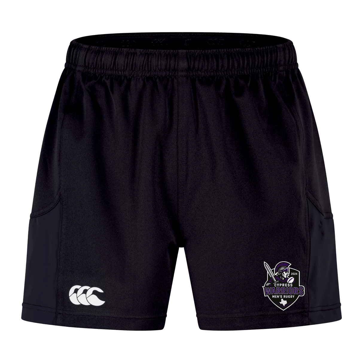 The Cypress Warriors Men's Rugby Advantage Short 2.0 by EMB Canterbury features an elastic waistband, white Canterbury logo, and team crest—ideal for those seeking sustainable athletic wear.