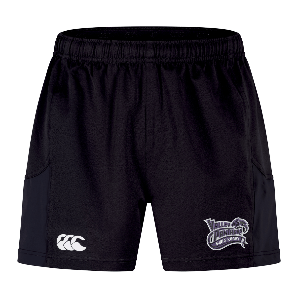 The Valley Panthers Girls Rugby Advantage Short 2.0 by EMB Canterbury are black performance training shorts with an elastic waistband, showcasing the signature white Canterbury logo on the left leg and the “Valley Panthers Girls Rugby” logo on the right leg. Made with recycled materials, these shorts combine comfort and sustainability for every session.