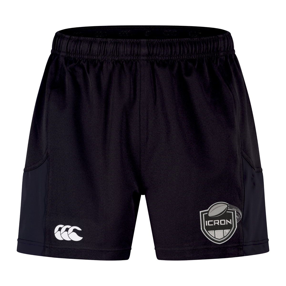 Black ICRON Advantage Rugby Shorts by Canterbury featuring an elastic waistband, a white logo on the right leg, and a grey team emblem on the left leg.