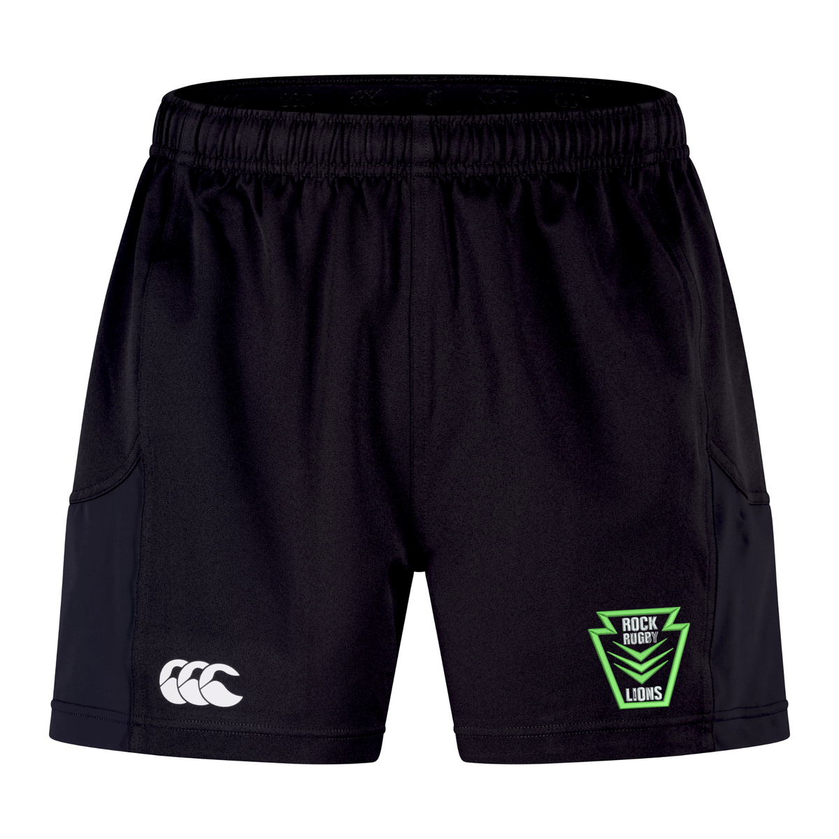 Rock Rugby Advantage Short 2.0 by Canterbury performance training shorts with an elastic waistband, featuring a white logo on the left leg and a green and black “Rock Rugby Lions” shield on the right.