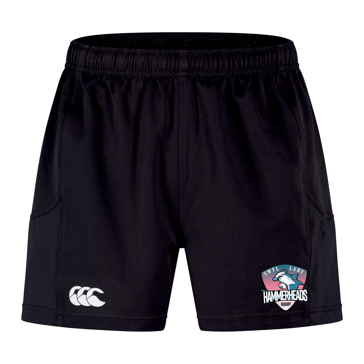 The SWFL Lady Hammerheads Advantage Short 2.0 by WRS Canterbury features an elastic waistband, a white Canterbury logo on the left leg, and a "Navy Lady Hammerheads Rugby" team logo on the right—sustainable style for peak performance.