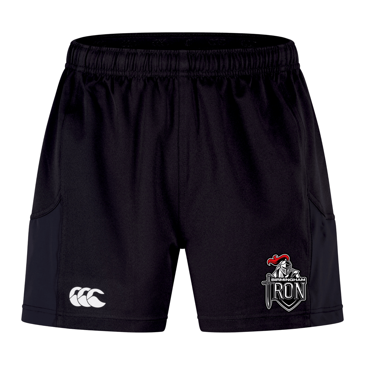 The EMB Canterbury Birmingham Iron Women's Football Advantage Short 2.0 features an elastic waistband, a white Canterbury logo on the left leg, and a "JRD" knight crest on the right leg.